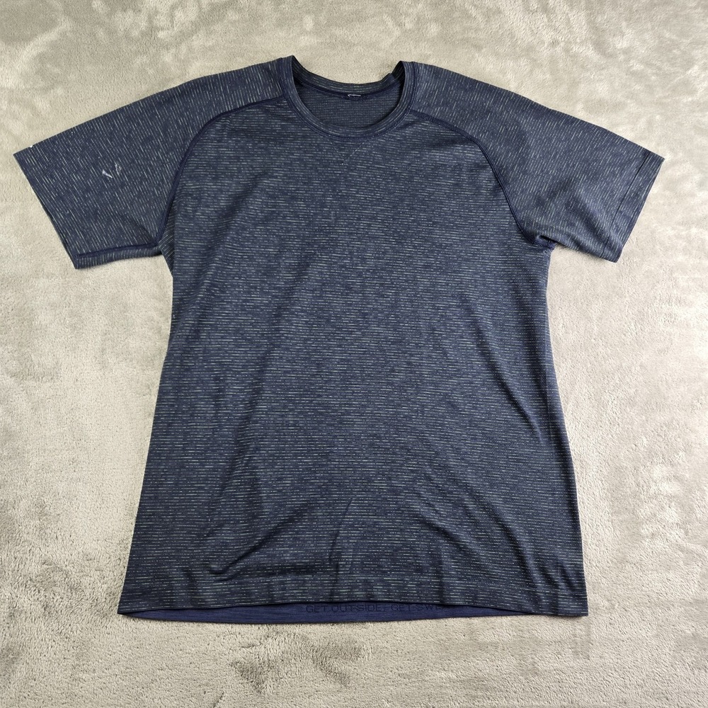 Lululemon Shirt Mens Navy Blue Striped Crew Neck Short Sleeve Tee Activewear